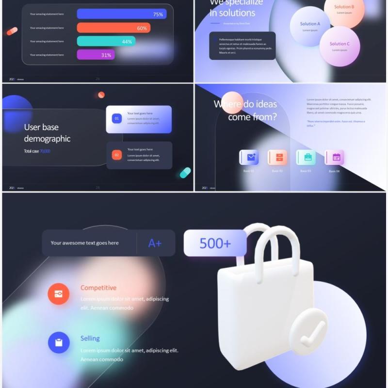 2023深色系毛玻璃商务办公产品介绍PPT素材模板