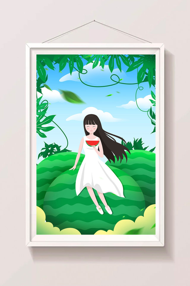 唯美清新小女孩长发少女夏天果园吃西瓜插画 唯美清新小女孩长发少女夏天果园吃西瓜插画