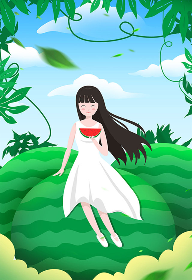 唯美清新小女孩长发少女夏天果园吃西瓜插画 唯美清新小女孩长发少女夏天果园吃西瓜插画