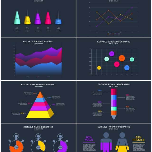 深色背景彩色数据图表PPT素材元素Excel data charts