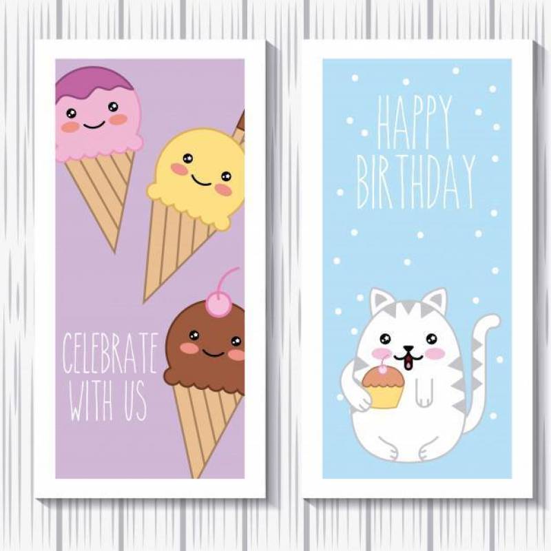 卡哇伊猫和冰淇淋生日快乐与我们一起庆祝卡片