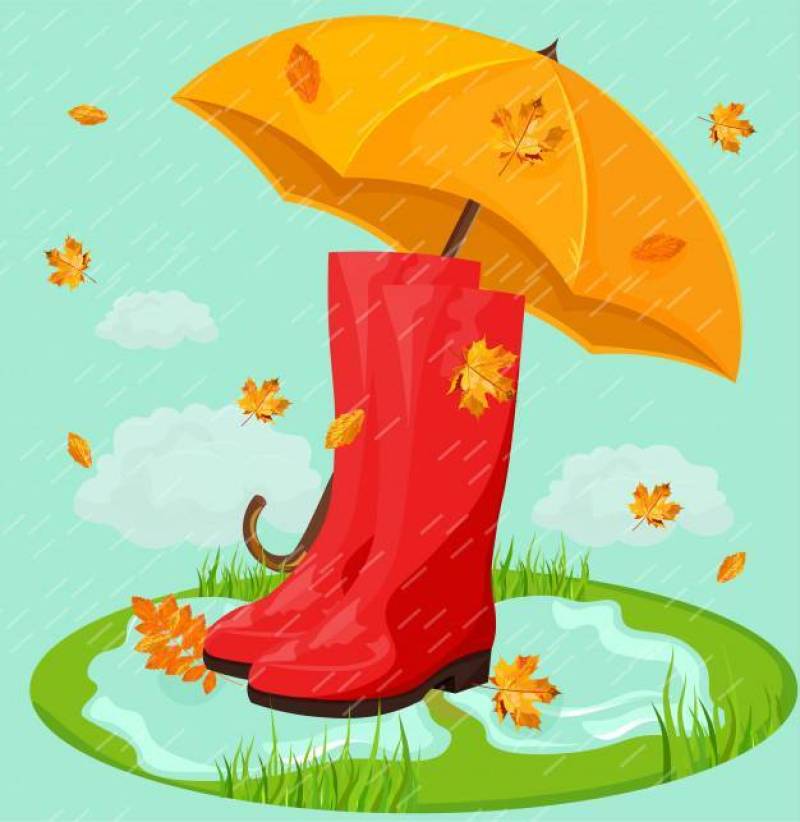 在雨和伞的红色靴子