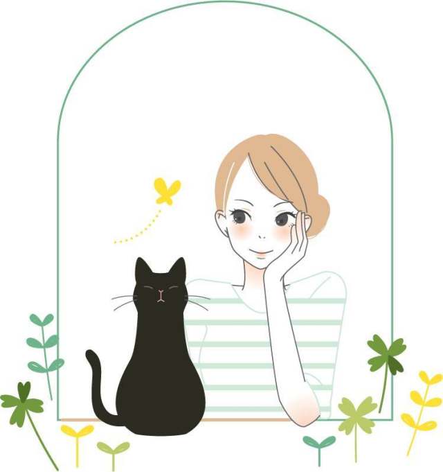 成年女孩和黑猫的面条