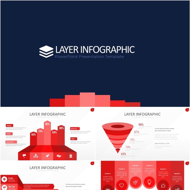 红色图层结构信息图PPT模板素材Wide Red Light Layer Infographic