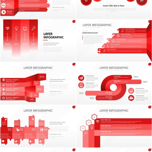 红色图层结构信息图PPT模板素材Wide Red Light Layer Infographic