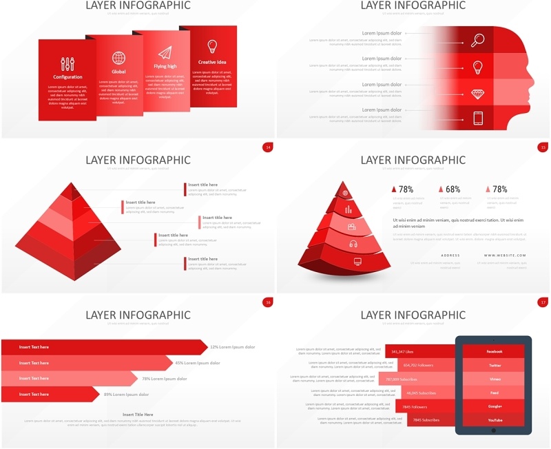 红色图层结构信息图PPT模板素材Wide Red Light Layer Infographic