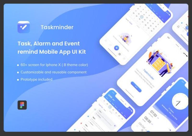 任务、警报和事件提醒移动应用程序UI工具包Taskminder - Task, Alarm and Event remind Mobile App UI Kit