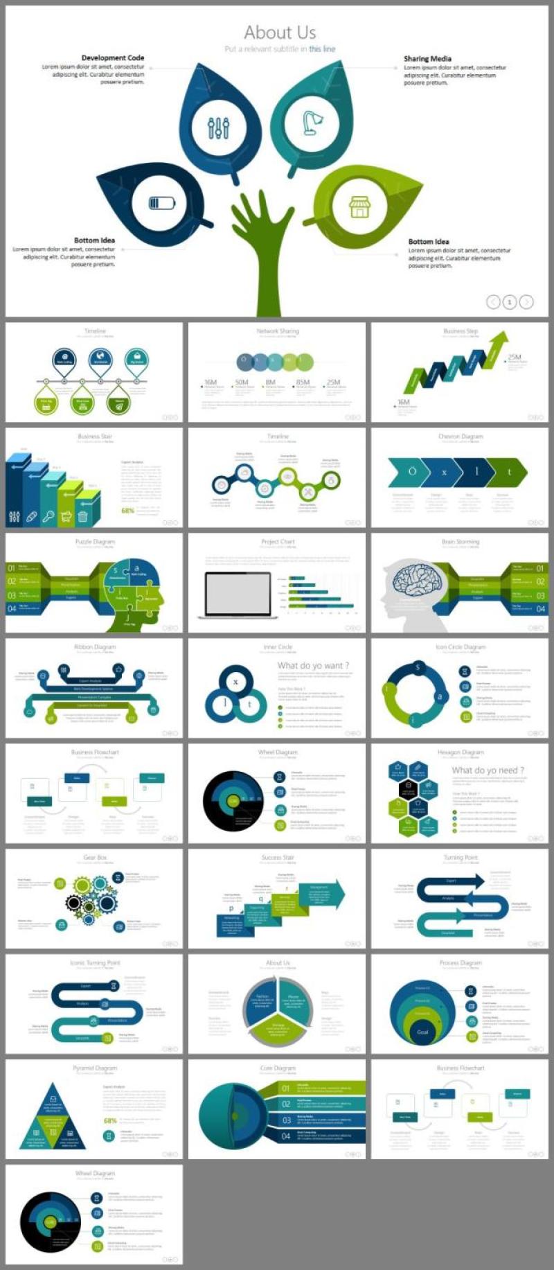 蓝与绿清新配色饼图图表PPT模板