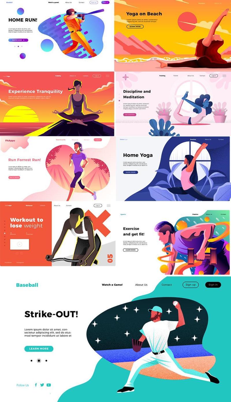 9款运动瑜伽跑步健身插画扁平化banner背景网页UI插图AI矢量设计素材