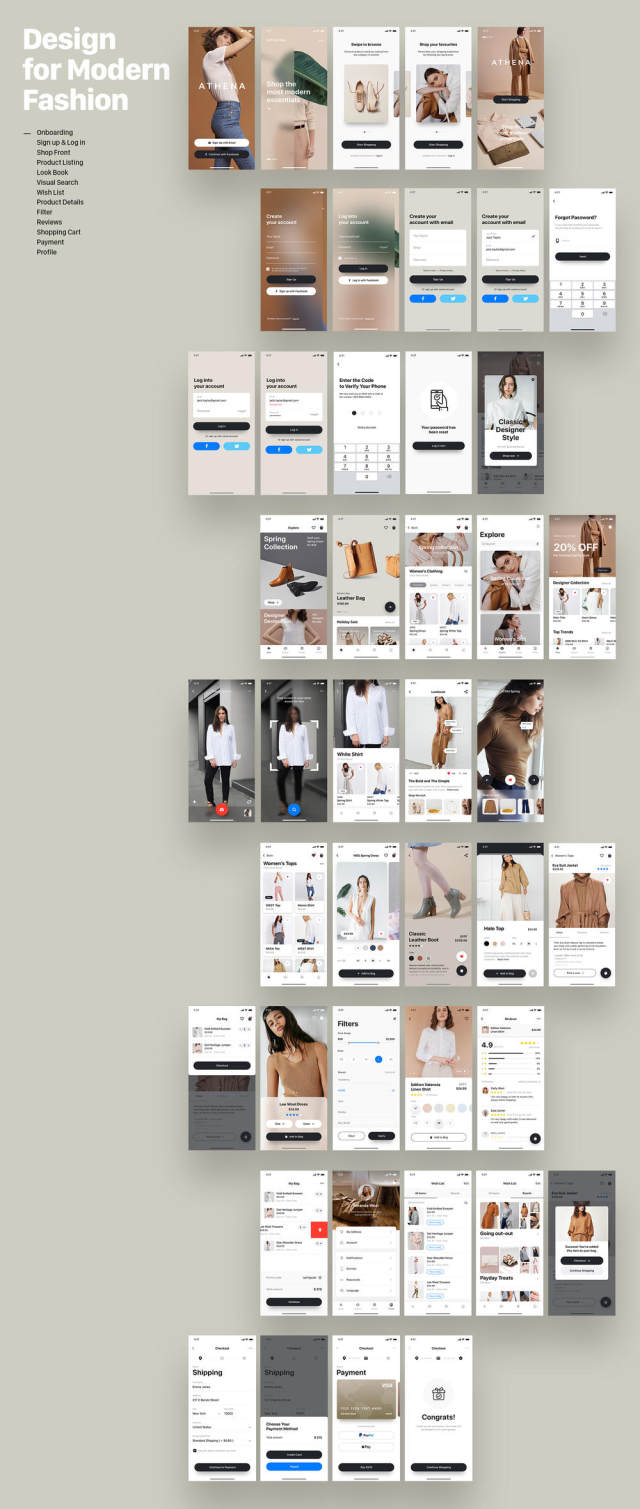 适用于现代时尚商店的高级电子商务应用UI套件，Athena Mobile UI套件