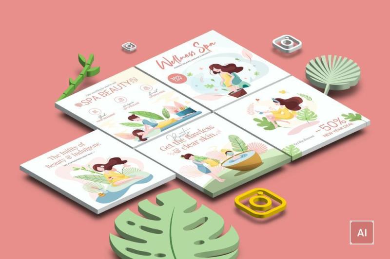 优雅SPA系列EPS插画素材模板Elegant Welless & Spa Instagram Post