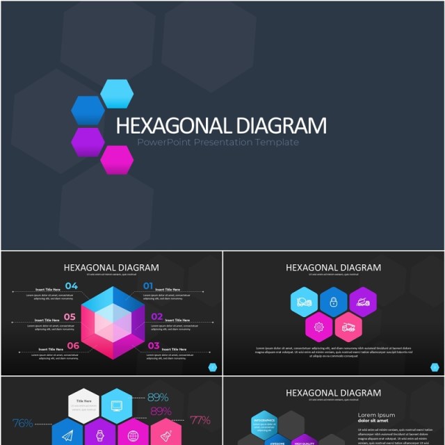 彩色六边形信息图PPT素材模板Wide Dark Hexagonal Infographic