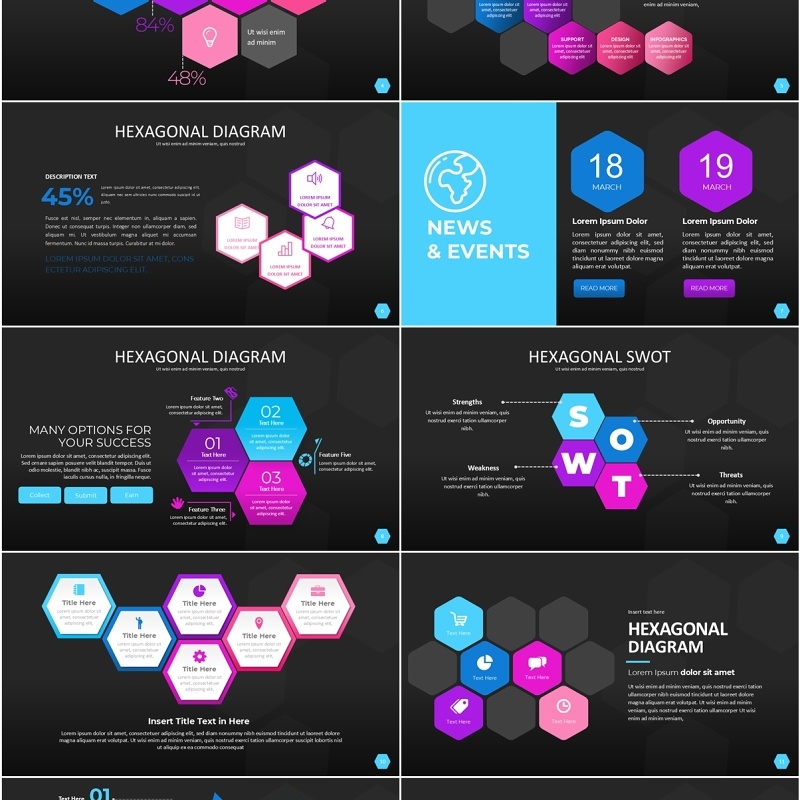 彩色六边形信息图PPT素材模板Wide Dark Hexagonal Infographic