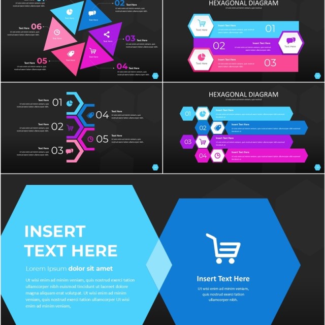 彩色六边形信息图PPT素材模板Wide Dark Hexagonal Infographic