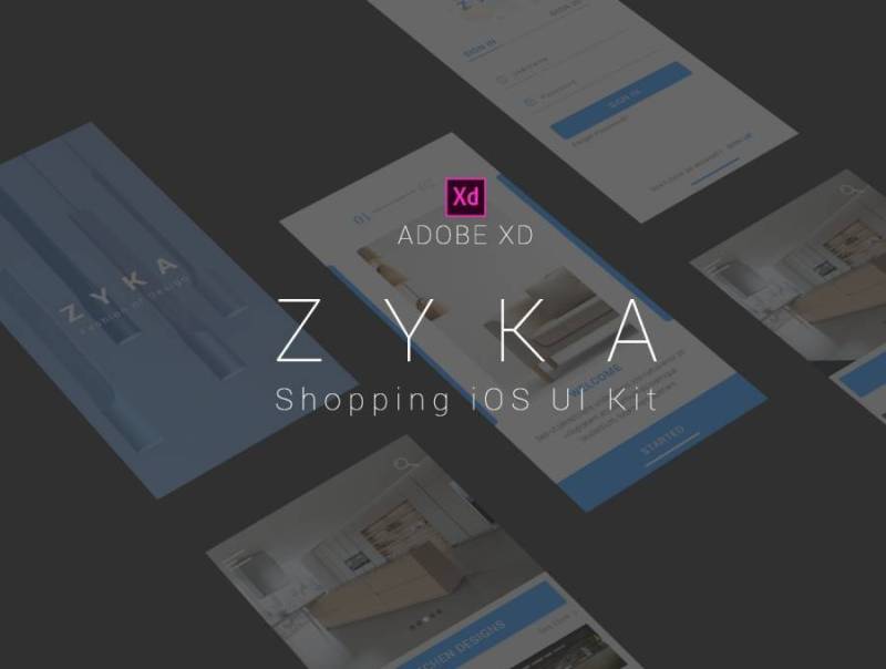 在Adobe XD。，Zyka iOS UI KIt中创建的购物iOS UI工具包