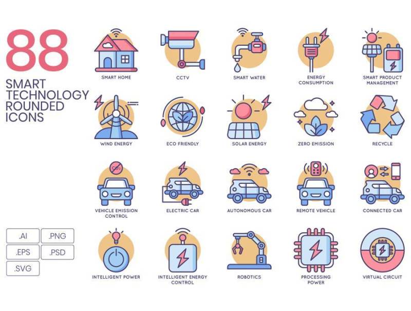 88智能技术圆形图标包括城市，家庭，能源，互联网等，88智能技术圆形