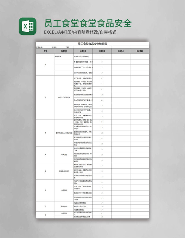 员工食堂食堂食品安全检查表excel模板