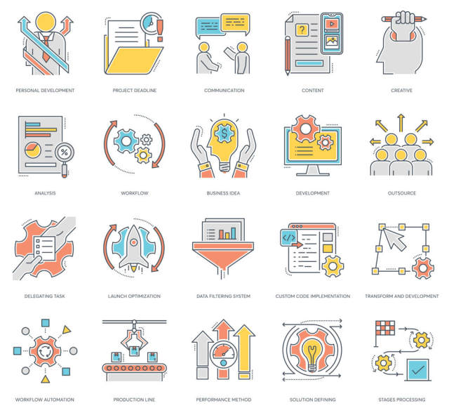 80项彩色线矢量图标项目管理，80项目管理颜色线图标