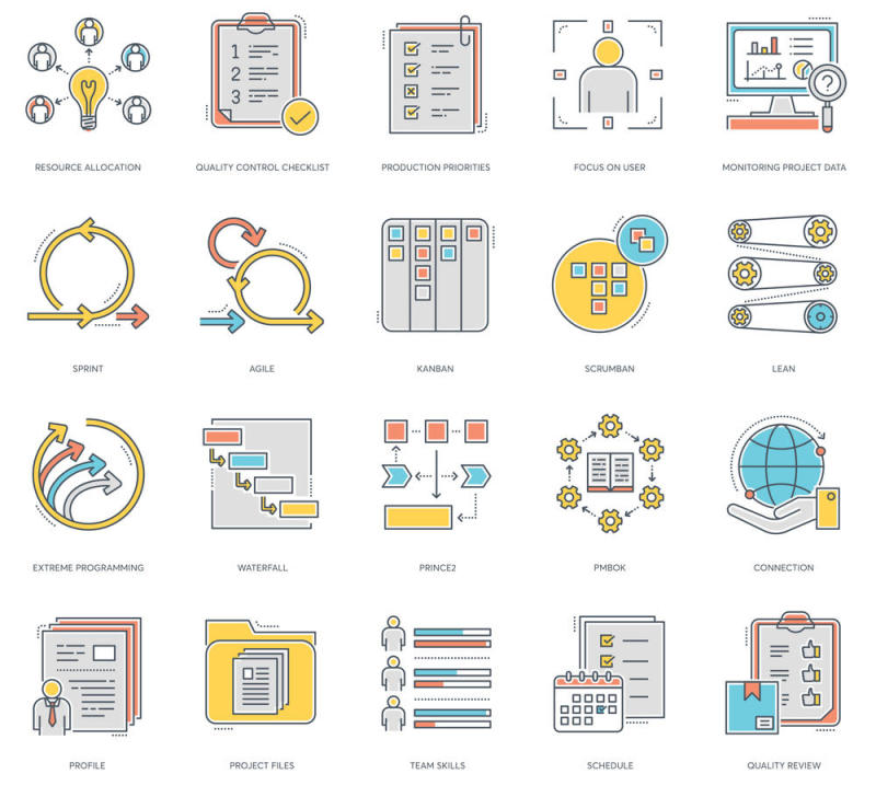 80项彩色线矢量图标项目管理，80项目管理颜色线图标