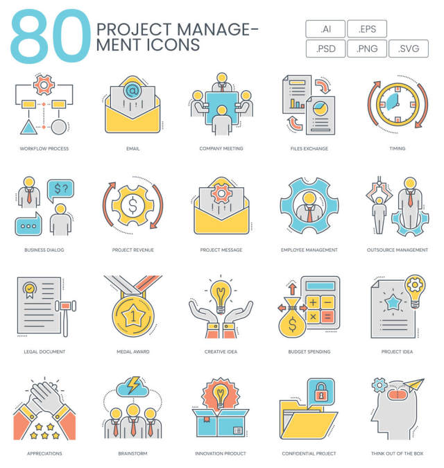 80项彩色线矢量图标项目管理，80项目管理颜色线图标