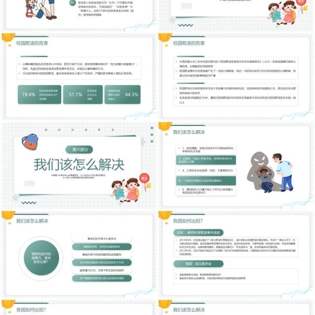 绿色卡通风预防校园欺凌班会PPT模板