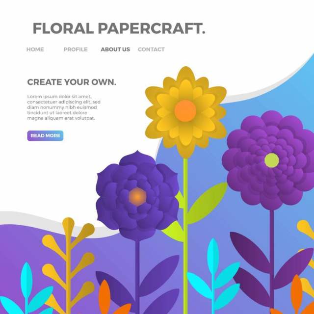 三维现实花卉papercraft与渐变紫色蓝色背景矢量图