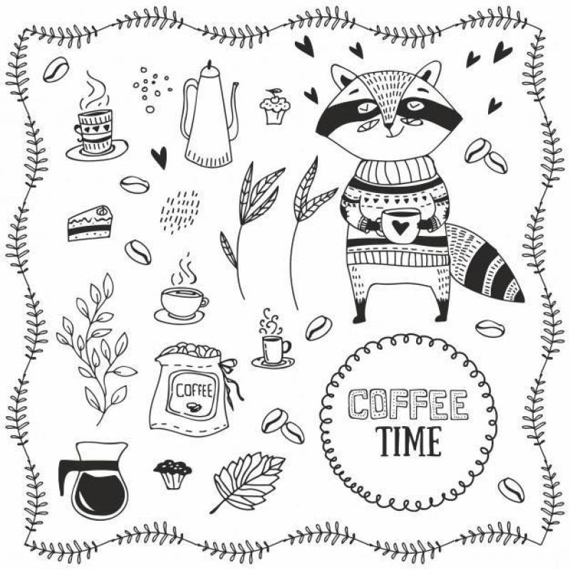 HAND DRAWN RACCOON WITH COFFEE. DOODLE COFFEE ELEMENTS