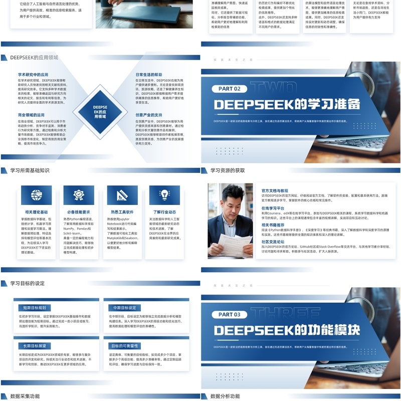 蓝色商务风Deepseek学习教程PPT模板