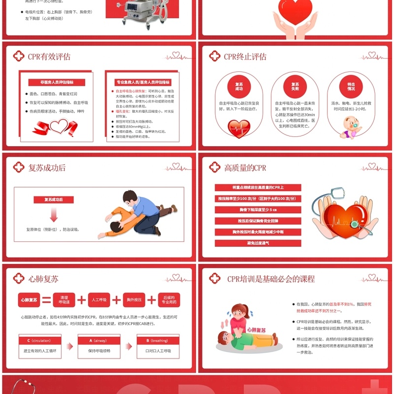 红色爱心卡通风心肺复苏知识技能培训PPT模板