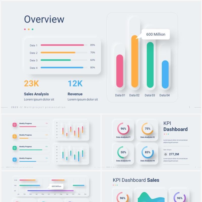 简洁公司经营指标快报混合仪表盘PPT模板幻灯片2023 Versatile KPI Dashboard Light