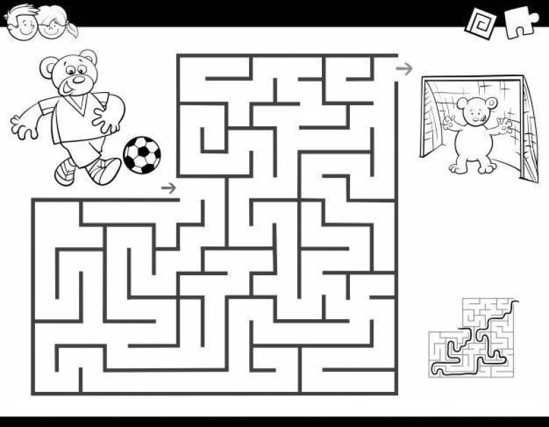Maze color book with bear playing soccer