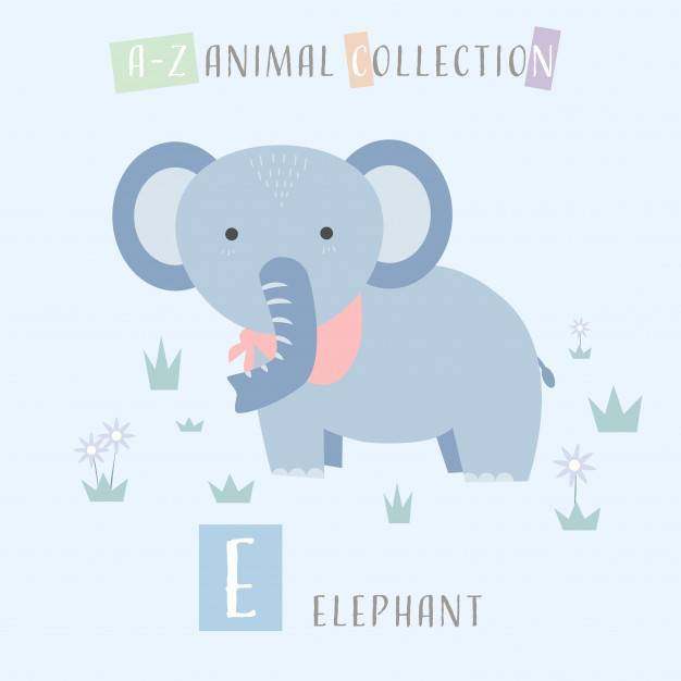 可爱的大象卡通涂鸦动物字母E