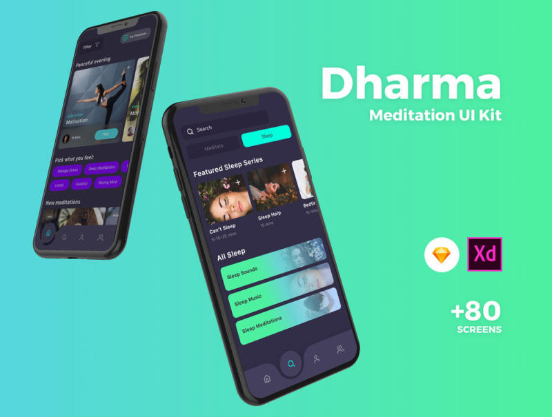 专为Sketch和Adobe XD设计的高品质Meditation App UI套件，Dharma iOS UI套件