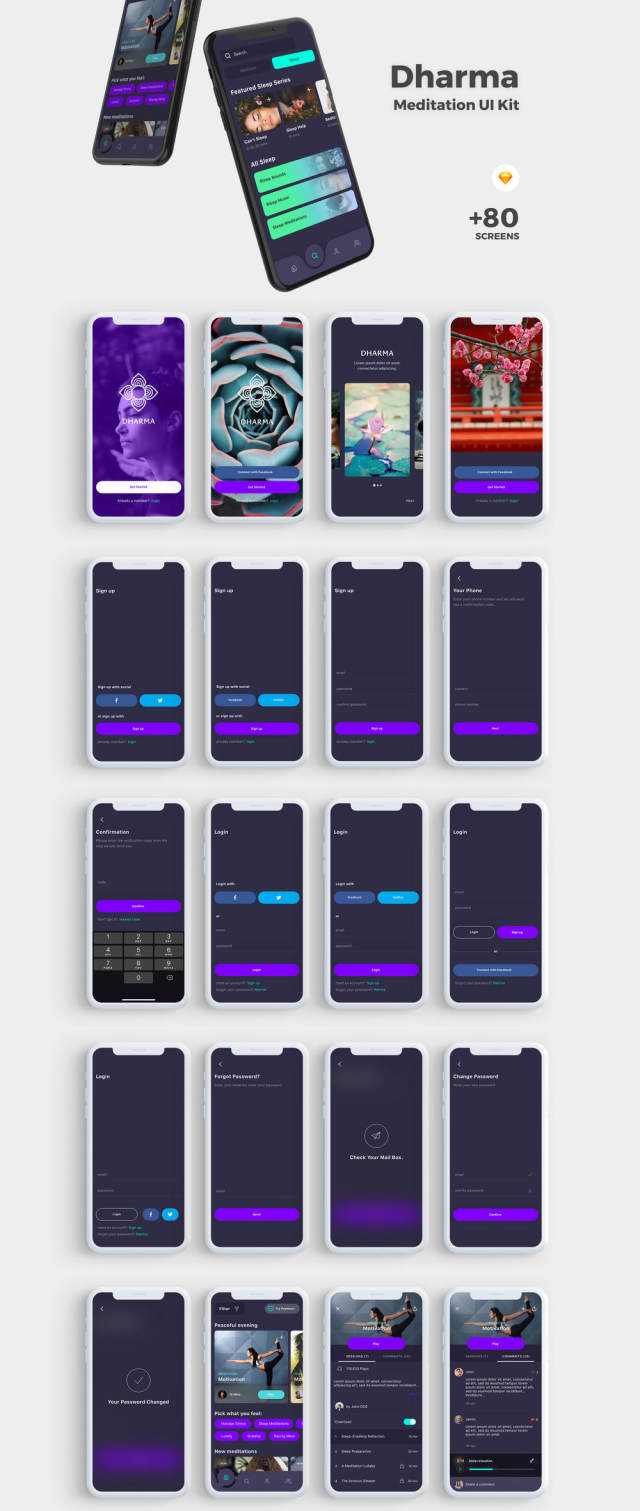专为Sketch和Adobe XD设计的高品质Meditation App UI套件，Dharma iOS UI套件