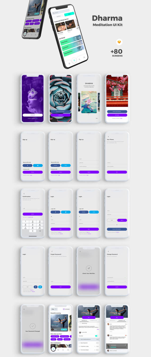 专为Sketch和Adobe XD设计的高品质Meditation App UI套件，Dharma iOS UI套件