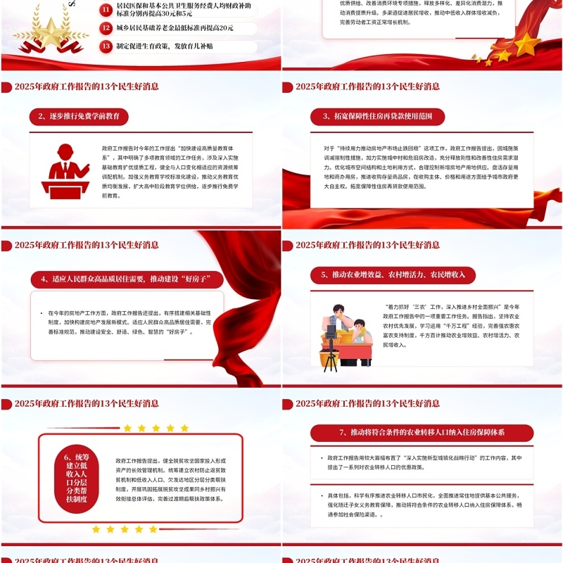 红色简约风政府工作报告民生好消息PPT模板