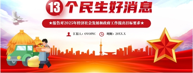 红色简约风政府工作报告民生好消息PPT模板