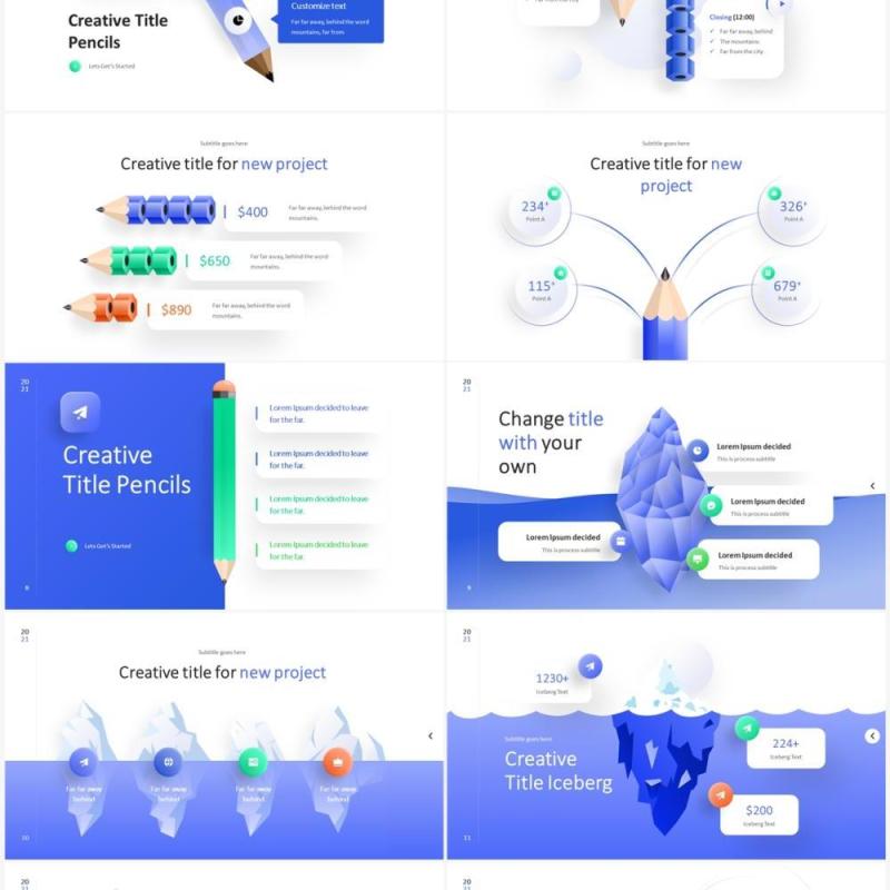 2023浅色系创意铅笔图冰山图PPT信息图形素材