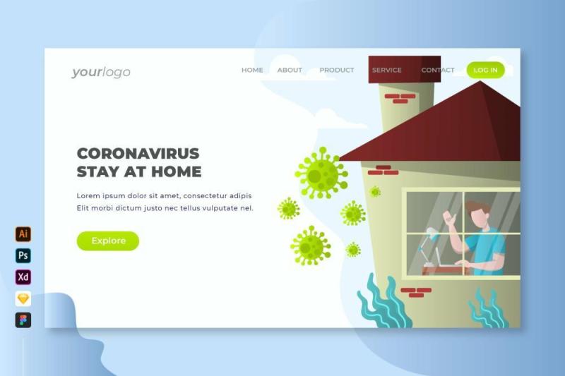 冠状病毒停留在主页登录页UI界面PSD设计模板coronavirus stay at home landing page