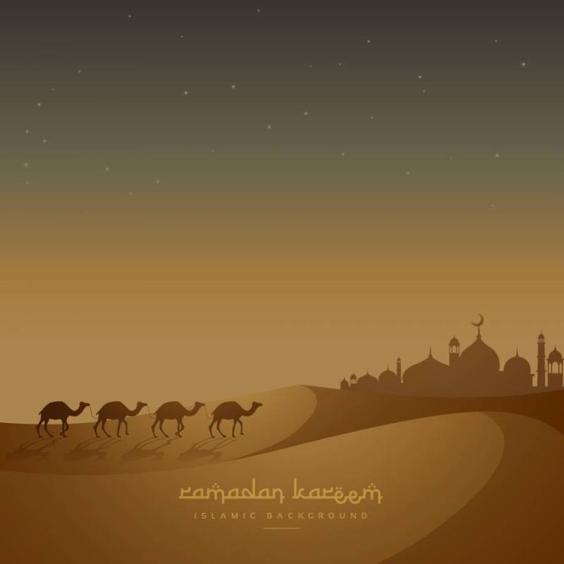 美丽的伊斯兰背景与骆驼走在沙滩上
