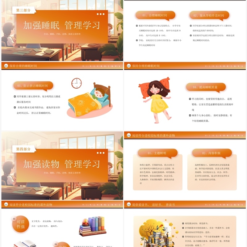 橙色插画风五项管理学习班会PPT模板