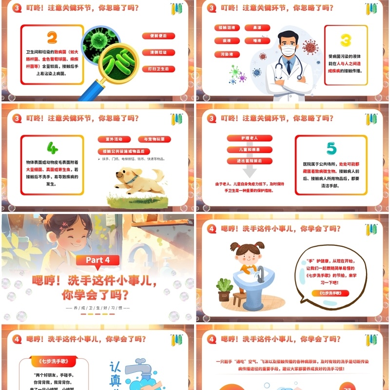 橙色卡通风正确洗手手护健康PPT模板