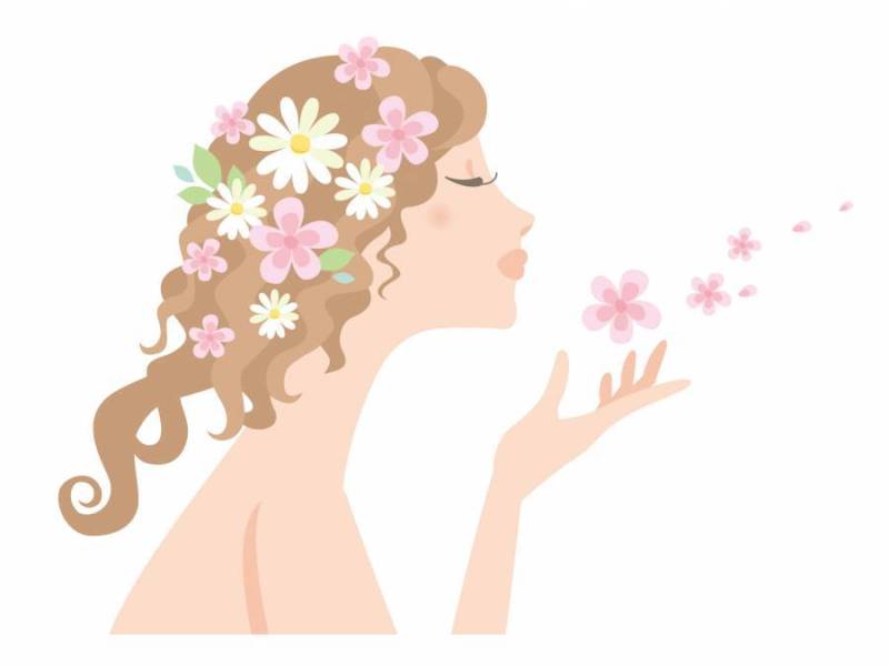 女性卷发和竹花