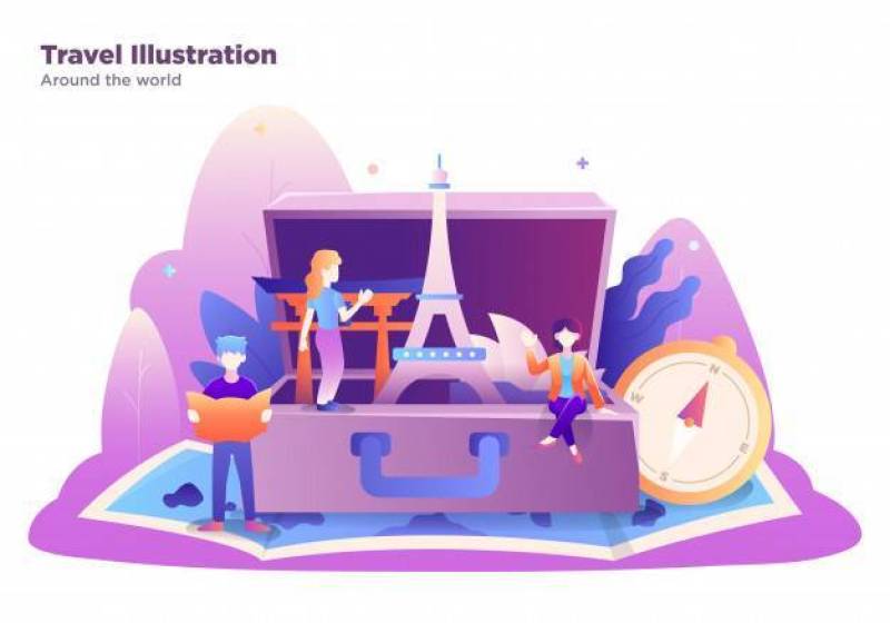 Travel Illustration with group of people, modern style, flat design