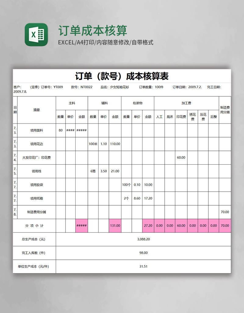 订单成本核算表excel模板