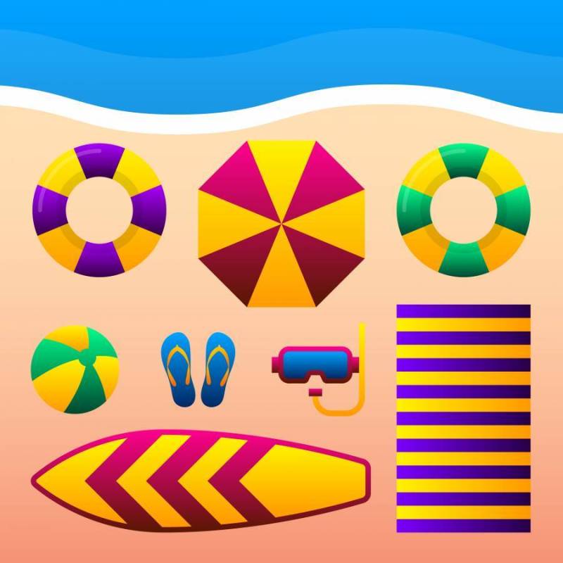 暑假假期配件在沙滩上的插图。
