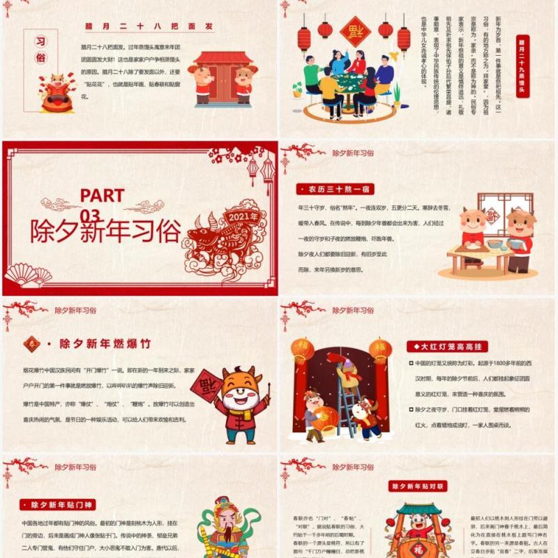 2021剪纸风春节习俗介绍PPT模板