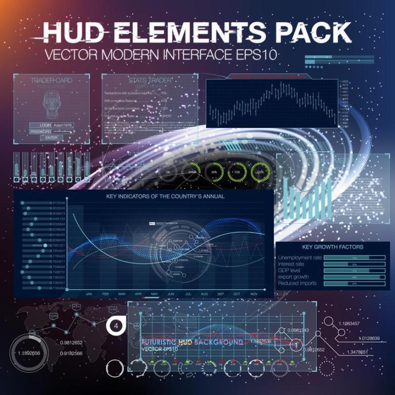 20款电子科技、光感变动、圆形数据分析图表图案等HUD界面矢量素材EPS源文件打包下载