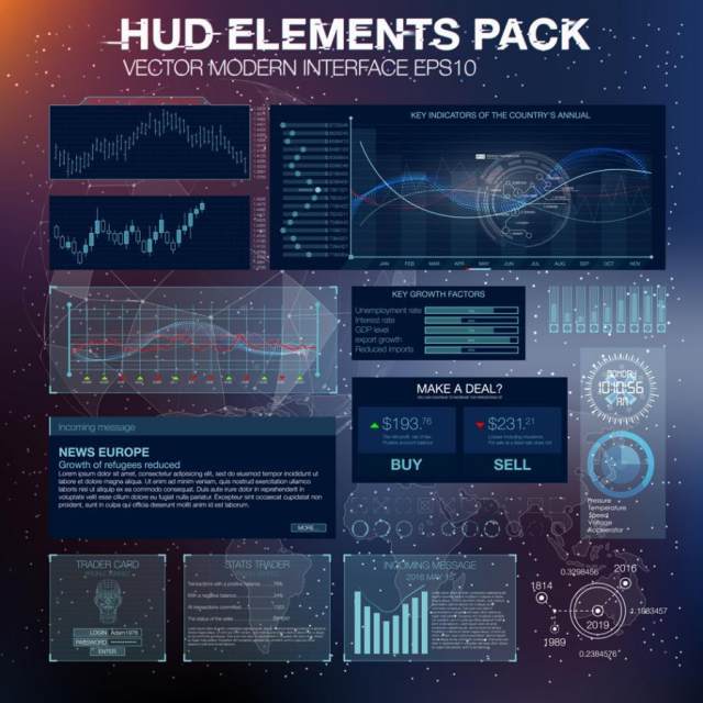 20款电子科技、光感变动、圆形数据分析图表图案等HUD界面矢量素材EPS源文件打包下载