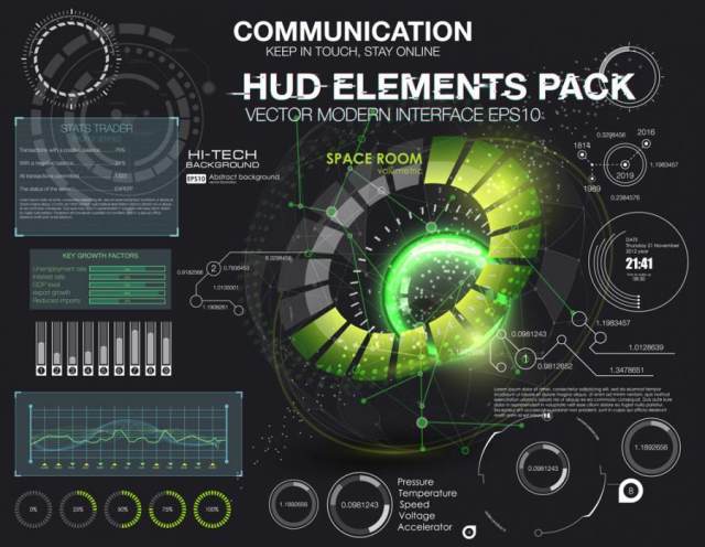 20款电子科技、光感变动、圆形数据分析图表图案等HUD界面矢量素材EPS源文件打包下载